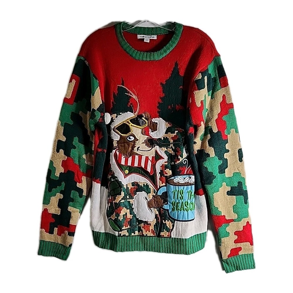 Celebrate Together Mens M Ugly Christmas Sweater Red Green Camouflage Reindeer